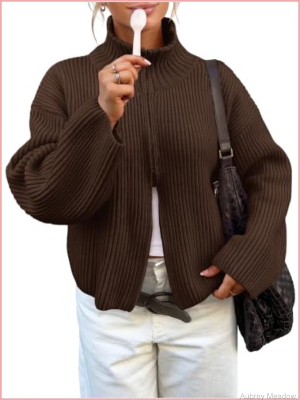 Womens Chunky Ribbed Knit Zip Up Cardigan Mock Neck Sweater Jacket